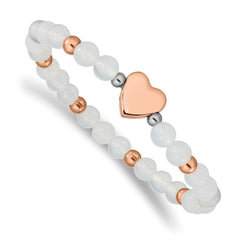 Stainless Steel Rose IP-plated Heart White Agate Stretch Bracelet