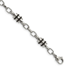 Stainless Steel Rubber Accent Barrel Link 8in Bracelet