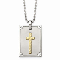 Stainless Steel w/18k Matte and Polished Diamond Square Necklace