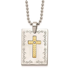Stainless Steel w/18k Polished Laser Etched Square Cross Diamond Necklace