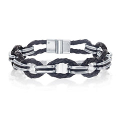 Stainless Steel Woven Leather and Oval Links Bracelet, 8