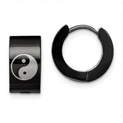 Stainless Steel Yin Yang Black IP Plated Hinged Hoop Earrings
