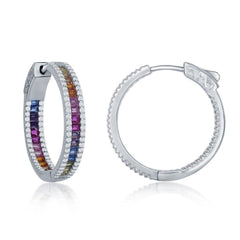 Sterling Silver 4x25mm Rainbow Hoop CZ Earrings