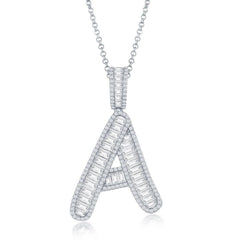 Sterling Silver A Initial Baguette CZ Pendant Chain