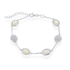 Sterling Silver Alternating Oval Micro Pave and MOP Bracelet, 7