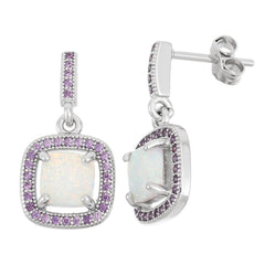 Sterling Silver Amethyst CZ Pave Square Earrings