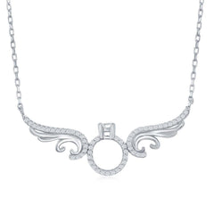 Sterling Silver Angel Wings with Center Engagement Ring Necklace