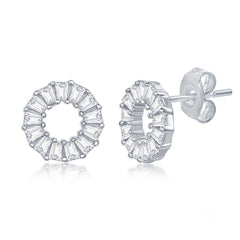 Sterling Silver Baguette CZ Circle Stud Earrings