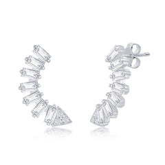 Sterling Silver Baguette CZ Curved Arrow Earrings