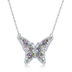 Sterling Silver Baguette Pink; Blue & Golden CZ Butterfly Necklace