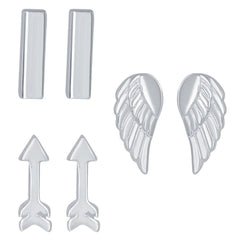 Sterling Silver Bar Arrow and Angel Wings Stud Earrings, Set of 3