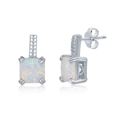 Sterling Silver Beaded Bar and White Opal Earrings