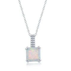 Sterling Silver Beaded Prong Square White Opal Pendant