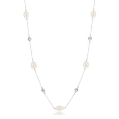 Sterling Silver Bezel Set CZ and Pearl Necklace