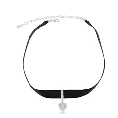 Sterling Silver Black Nylon with Center CZ Heart Choker Necklace
