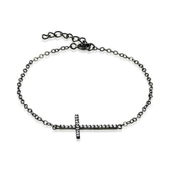 Sterling Silver Black Rhodium CZ Sideways Cross Bracelet, 7