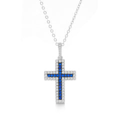 Sterling Silver Blue CZ Micro Pave Cross Pendant