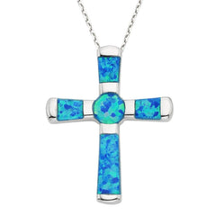 Sterling Silver Blue Inlay Opal Cross Pendant