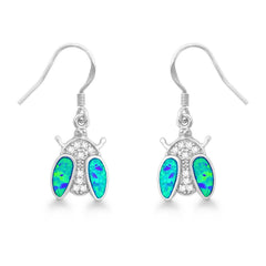 Sterling Silver Blue Inlay Opal CZ Ladybug Earrings