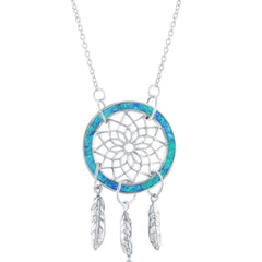 Sterling Silver Blue Inlay Opal Dream Catcher Necklace