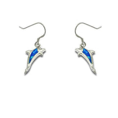 Sterling Silver Blue Inlay Opal Leaping Dolphin Earrings