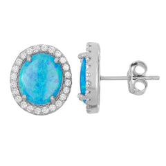 Sterling Silver Blue Inlay Opal Oval Stud Earrings
