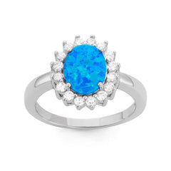 Sterling Silver Blue Inlay Opal Oval with CZ Ring, Size 7