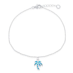 Sterling Silver Blue Inlay Opal Palm Tree Anklet