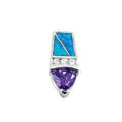 Sterling Silver Blue Inlay Opal Rectangle; CZ Bar and Amethyst Triangle CZ Pendant