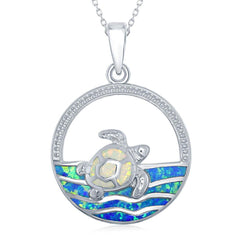 Sterling Silver Blue Inlay Opal Sea Round Pendant