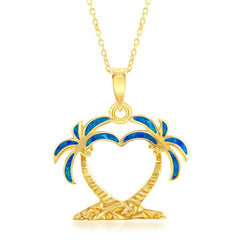 Sterling Silver Blue Inlay Opal Two Palm Trees Pendant - Gold Plated