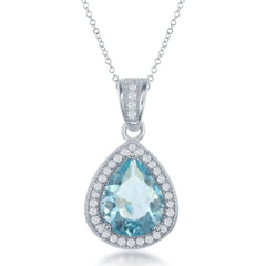 Sterling Silver Blue Topaz Teardrop CZ Pendant