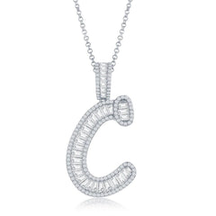Sterling Silver C Initial Baguette CZ Pendant Chain