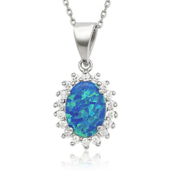 Sterling Silver Center Blue Inlay Opal CZ Pendant