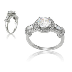 Sterling Silver Center Circle CZ and Baguettes Ring, Size 7
