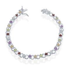 Sterling Silver Circle Linked Bracelet with Multicolor Gemstones