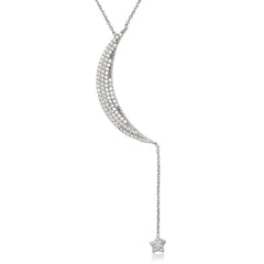 Sterling Silver Crescent Moon Dangling CZ Necklace