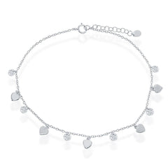 Sterling Silver Cubic Zirconia with Shiny and Matte Hearts Anklet