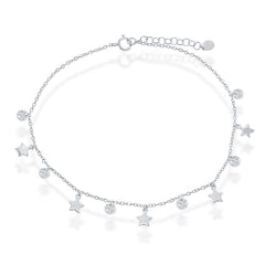 Sterling Silver Cubic Zirconia with Shiny and Matte Stars Anklet
