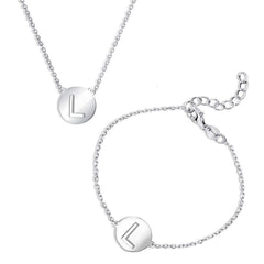 Sterling Silver Cut-Out Shiny L Disc Initial Bracelet & Necklace Set