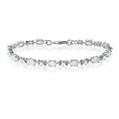 Sterling Silver CZ and Oval White Opal Stones Bracelet, 7