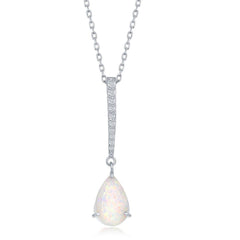 Sterling Silver CZ Bar with Pear-Shaped White Inlay Opal Pendant