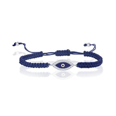 Sterling Silver CZ Evil Eye on Navy Blue Cord Bracelet, 7