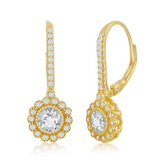 Sterling Silver CZ Flower Design Dangling Earrings - Gold Plated