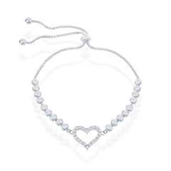 Sterling Silver CZ Heart Beaded Adjustable Bolo Bracelet - Rhodum Plated