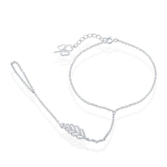 Sterling Silver CZ Leaf with Clover Ring to Wrist Slave Bracelet