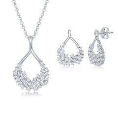 Sterling Silver CZ Open Pear-Shaped Pendant & Earrings Set With Chain