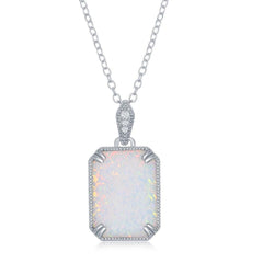 Sterling Silver CZ Rectangle White Opal with beaded border Pendant