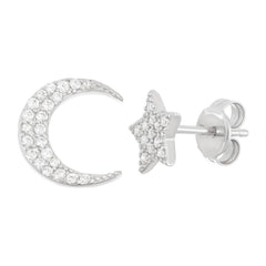 Sterling Silver CZ Star and Moon Stud Earrings