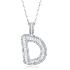 Sterling Silver D Initial Baguette CZ Pendant Chain